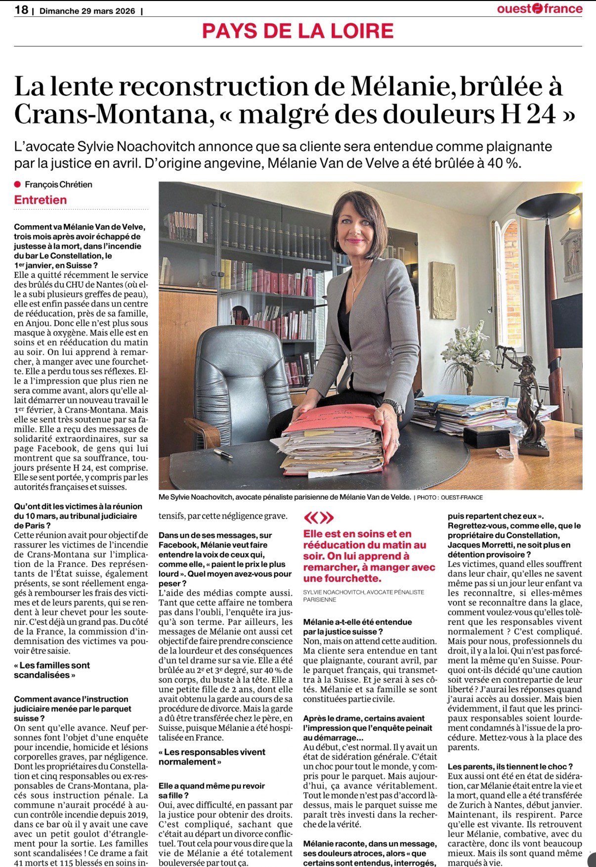 Article de Ouest France du 29 mars 2026 sur l'affaire de Crans Montana